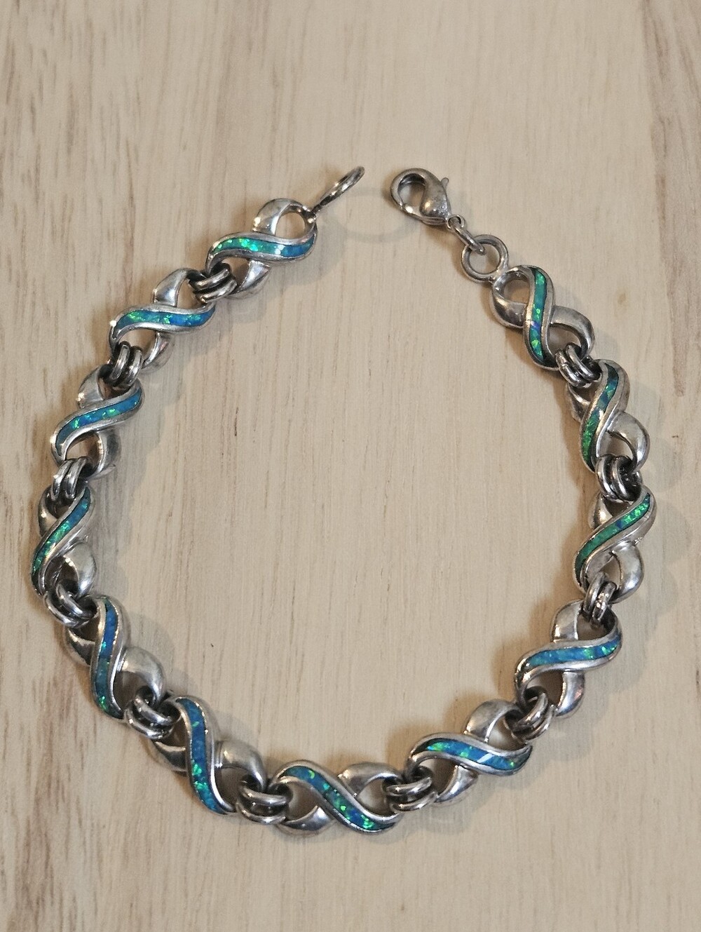 Fire Blue Opal Sterling Silver Infinity Link 925 Bracelet 7"